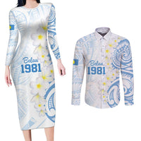 Palau 1981 Tribal Tattoo Couples Matching Long Sleeve Bodycon Dress and Long Sleeve Button Shirt with Belau Plumeria Flowers LT9 White - Polynesian Pride