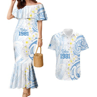 Palau 1981 Tribal Tattoo Couples Matching Mermaid Dress and Hawaiian Shirt with Belau Plumeria Flowers LT9 White - Polynesian Pride