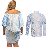 Palau 1981 Tribal Tattoo Couples Matching Off Shoulder Short Dress and Long Sleeve Button Shirt with Belau Plumeria Flowers LT9 - Polynesian Pride