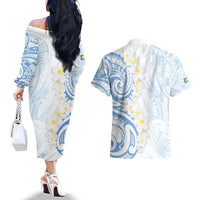 Palau 1981 Tribal Tattoo Couples Matching Off The Shoulder Long Sleeve Dress and Hawaiian Shirt with Belau Plumeria Flowers LT9 - Polynesian Pride