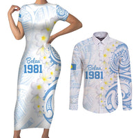 Palau 1981 Tribal Tattoo Couples Matching Short Sleeve Bodycon Dress and Long Sleeve Button Shirt with Belau Plumeria Flowers LT9 White - Polynesian Pride