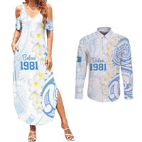 Palau 1981 Tribal Tattoo Couples Matching Summer Maxi Dress and Long Sleeve Button Shirt with Belau Plumeria Flowers LT9 White - Polynesian Pride