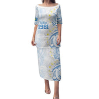 Palau 1981 Tribal Tattoo Family Matching Puletasi and Hawaiian Shirt with Belau Plumeria Flowers LT9 Mom's Dress White - Polynesian Pride
