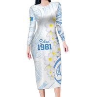 Palau 1981 Tribal Tattoo Long Sleeve Bodycon Dress with Belau Plumeria Flowers LT9 Long Dress White - Polynesian Pride