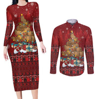 Funny Kiwi Bird Xmas Tree Couples Matching Long Sleeve Bodycon Dress and Long Sleeve Button Shirt New Zealand Tribal Christmas Spirit LT9 Red - Polynesian Pride