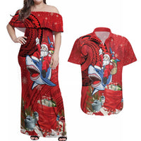 Funny Santa Riding Shark Couples Matching Off Shoulder Maxi Dress and Hawaiian Shirt Polynesian Tribal Christmas Spirit LT9 Red - Polynesian Pride