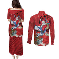 Funny Santa Riding Shark Couples Matching Puletasi and Long Sleeve Button Shirt Polynesian Tribal Christmas Spirit - Polynesian Pride