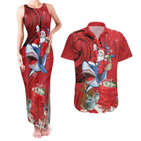 Funny Santa Riding Shark Couples Matching Tank Maxi Dress and Hawaiian Shirt Polynesian Tribal Christmas Spirit LT9 Red - Polynesian Pride