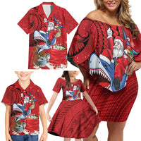 Funny Santa Riding Shark Family Matching Off Shoulder Short Dress and Hawaiian Shirt Polynesian Tribal Christmas Spirit LT9 - Polynesian Pride