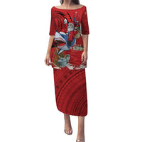 Funny Santa Riding Shark Family Matching Puletasi and Hawaiian Shirt Polynesian Tribal Christmas Spirit LT9 Mom's Dress Red - Polynesian Pride