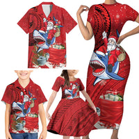 Funny Santa Riding Shark Family Matching Short Sleeve Bodycon Dress and Hawaiian Shirt Polynesian Tribal Christmas Spirit LT9 - Polynesian Pride