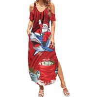 Funny Santa Riding Shark Family Matching Summer Maxi Dress and Hawaiian Shirt Polynesian Tribal Christmas Spirit LT9 Mom's Dress Red - Polynesian Pride