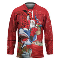 Funny Santa Riding Shark Hockey Jersey Polynesian Tribal Christmas Spirit - Polynesian Pride