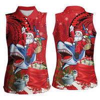 Funny Santa Riding Shark Women Sleeveless Polo Shirt Polynesian Tribal Christmas Spirit LT9 - Polynesian Pride