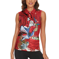 Funny Santa Riding Shark Women Sleeveless Polo Shirt Polynesian Tribal Christmas Spirit LT9 - Polynesian Pride