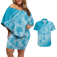Hawaii Breadfruit Palaka Couples Matching Off Shoulder Short Dress and Hawaiian Shirt Polu Maile Lei - Polynesian Pride