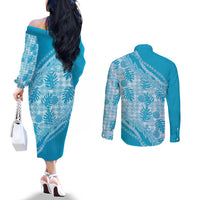 Hawaii Breadfruit Palaka Couples Matching Off The Shoulder Long Sleeve Dress and Long Sleeve Button Shirt Polu Maile Lei - Polynesian Pride