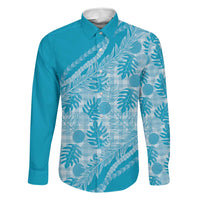 Hawaii Breadfruit Palaka Family Matching Long Sleeve Bodycon Dress and Hawaiian Shirt Polu Maile Lei LT9 Dad's Shirt - Long Sleeve Blue - Polynesian Pride