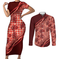 Hawaii Breadfruit Palaka Couples Matching Short Sleeve Bodycon Dress and Long Sleeve Button Shirt Ulaula Maile Lei - Polynesian Pride