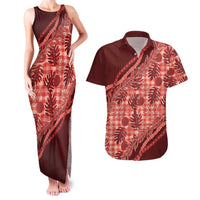 Hawaii Breadfruit Palaka Couples Matching Tank Maxi Dress and Hawaiian Shirt Ulaula Maile Lei - Polynesian Pride