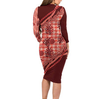 Hawaii Breadfruit Palaka Long Sleeve Bodycon Dress Ulaula Maile Lei - Polynesian Pride