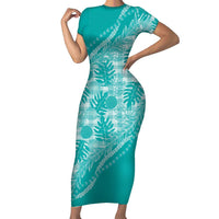 Hawaii Breadfruit Palaka Family Matching Short Sleeve Bodycon Dress and Hawaiian Shirt Polu Opal Maile Lei LT9 Mom's Dress Turquoise - Polynesian Pride