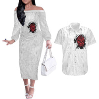 New Zealand Maori Heart Tribal Personalised Couples Matching Off The Shoulder Long Sleeve Dress and Hawaiian Shirt Polynesian Patterns LT9 White - Polynesian Pride