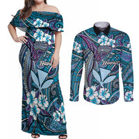 Personalised Hawaii Tribal Humpback Whale Couples Matching Off Shoulder Maxi Dress and Long Sleeve Button Shirt Polu Hibiscus Seamless Pattern