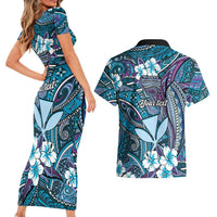 Personalised Hawaii Tribal Humpback Whale Couples Matching Short Sleeve Bodycon Dress and Hawaiian Shirt Polu Hibiscus Seamless Pattern