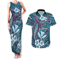 Personalised Hawaii Tribal Humpback Whale Couples Matching Tank Maxi Dress and Hawaiian Shirt Polu Hibiscus Seamless Pattern