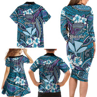 Personalised Hawaii Tribal Humpback Whale Family Matching Long Sleeve Bodycon Dress and Hawaiian Shirt Polu Hibiscus Seamless Pattern LT9 - Polynesian Pride
