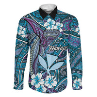 Personalised Hawaii Tribal Humpback Whale Family Matching Off The Shoulder Long Sleeve Dress and Hawaiian Shirt Polu Hibiscus Seamless Pattern LT9 Dad's Shirt - Long Sleeve Blue - Polynesian Pride