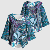 Personalised Hawaii Tribal Humpback Whale Kimono Sleeve Blouse Polu Hibiscus Seamless Pattern