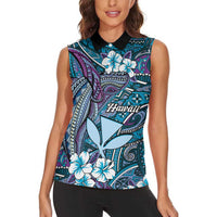 Personalised Hawaii Tribal Humpback Whale Women Sleeveless Polo Shirt Polu Hibiscus Seamless Pattern