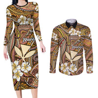 Personalised Hawaii Tribal Humpback Whale Couples Matching Long Sleeve Bodycon Dress and Long Sleeve Button Shirt Melemele Hibiscus Seamless Pattern
