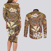 Personalised Hawaii Tribal Humpback Whale Couples Matching Long Sleeve Bodycon Dress and Long Sleeve Button Shirt Melemele Hibiscus Seamless Pattern