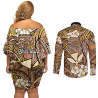 Personalised Hawaii Tribal Humpback Whale Couples Matching Off Shoulder Short Dress and Long Sleeve Button Shirt Melemele Hibiscus Seamless Pattern