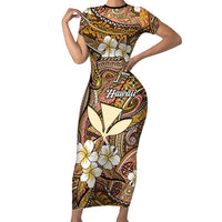 Personalised Hawaii Tribal Humpback Whale Family Matching Short Sleeve Bodycon Dress and Hawaiian Shirt Melemele Hibiscus Seamless Pattern LT9 Mom's Dress Gold - Polynesian Pride