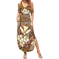 Personalised Hawaii Tribal Humpback Whale Family Matching Summer Maxi Dress and Hawaiian Shirt Melemele Hibiscus Seamless Pattern LT9 Mom's Dress Gold - Polynesian Pride