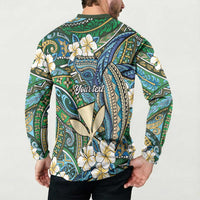 Personalised Hawaii Tribal Humpback Whale Button Sweatshirt Omaomao Hibiscus Seamless Pattern