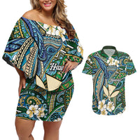 Personalised Hawaii Tribal Humpback Whale Couples Matching Off Shoulder Short Dress and Hawaiian Shirt Omaomao Hibiscus Seamless Pattern