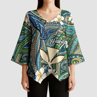Personalised Hawaii Tribal Humpback Whale Kimono Sleeve Blouse Omaomao Hibiscus Seamless Pattern