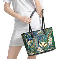 Personalised Hawaii Tribal Humpback Whale Leather Tote Bag Omaomao Hibiscus Seamless Pattern