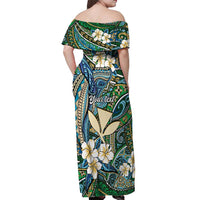Personalised Hawaii Tribal Humpback Whale Off Shoulder Maxi Dress Omaomao Hibiscus Seamless Pattern