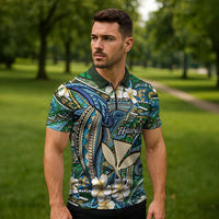 Personalised Hawaii Tribal Humpback Whale Zipper Polo Shirt Omaomao Hibiscus Seamless Pattern
