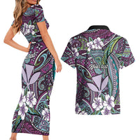 Personalised Hawaii Tribal Humpback Whale Couples Matching Short Sleeve Bodycon Dress and Hawaiian Shirt Poni Hibiscus Seamless Pattern