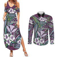 Personalised Hawaii Tribal Humpback Whale Couples Matching Summer Maxi Dress and Long Sleeve Button Shirt Poni Hibiscus Seamless Pattern