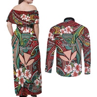 Personalised Hawaii Tribal Humpback Whale Couples Matching Off Shoulder Maxi Dress and Long Sleeve Button Shirt Ulaula Hibiscus Seamless Pattern