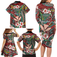 Personalised Hawaii Tribal Humpback Whale Family Matching Long Sleeve Bodycon Dress and Hawaiian Shirt Ulaula Hibiscus Seamless Pattern LT9 - Polynesian Pride