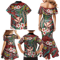 Personalised Hawaii Tribal Humpback Whale Family Matching Mermaid Dress and Hawaiian Shirt Ulaula Hibiscus Seamless Pattern LT9 - Polynesian Pride